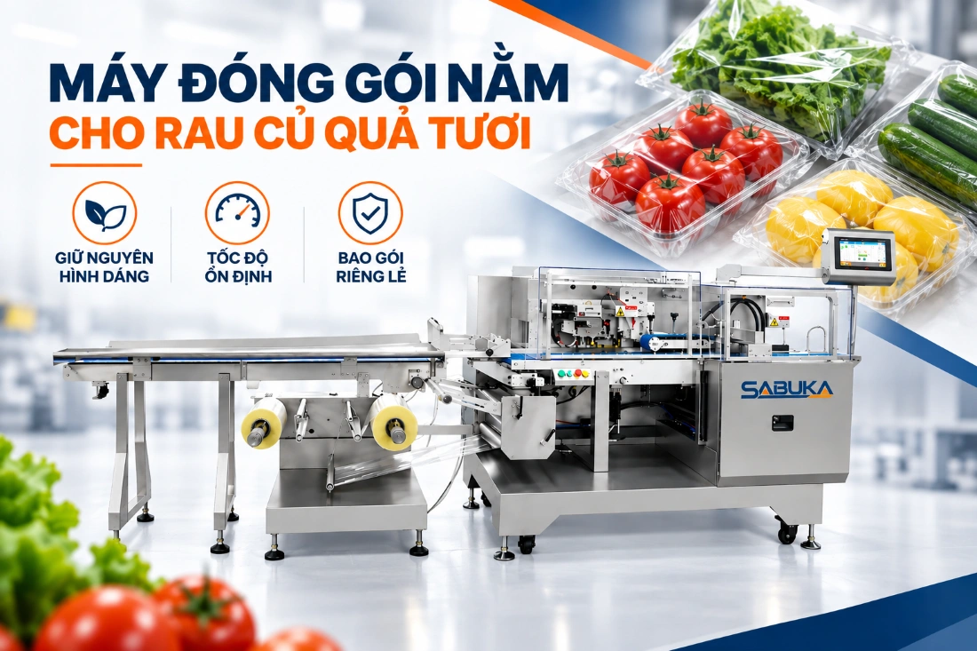 Máy đóng gói nằm cho rau củ quả tươi và sản phẩm nguyên trái