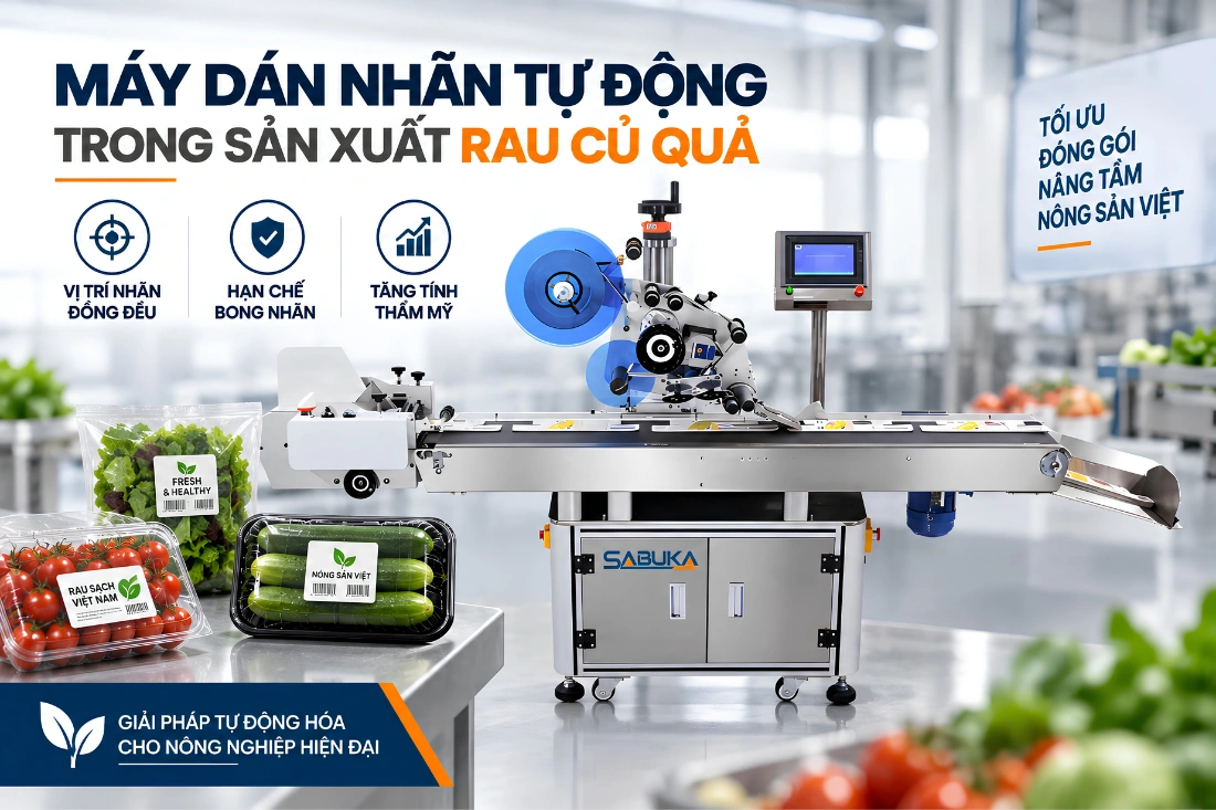 Máy dán nhãn tự động trong sản xuất rau củ quả