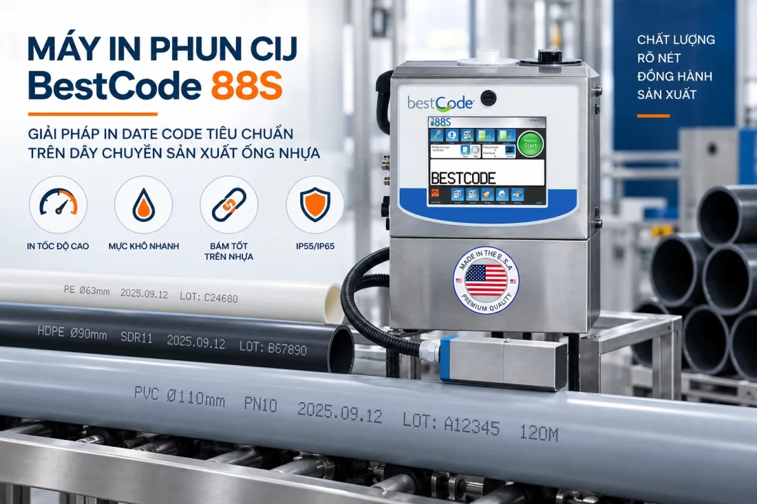 Dòng máy in phun CIJ BestCode tiêu chuẩn trên dây chuyền sản xuất ống nhựa