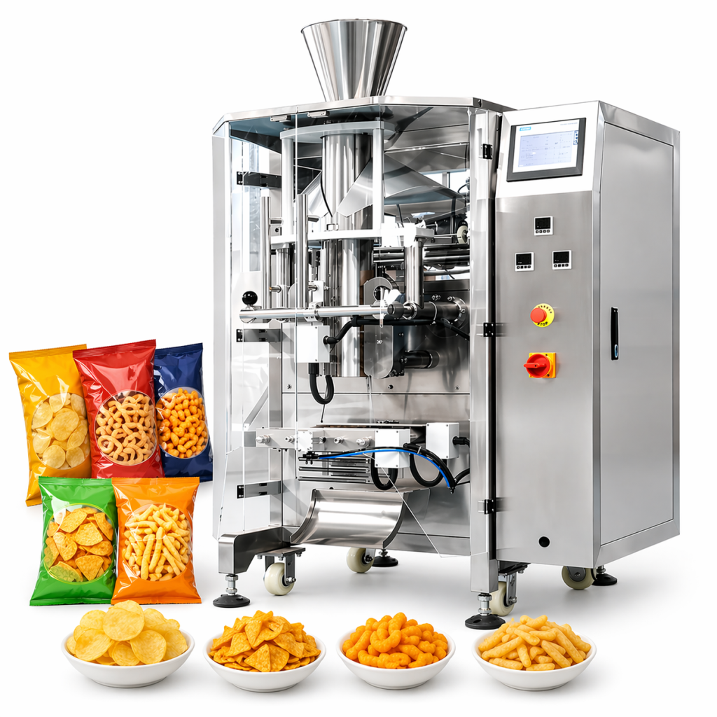 Máy đóng gói bim bim được ứng dụng rộng rãi trong các nhà máy sản xuất, xưởng thực phẩm chế biến sẵn,...