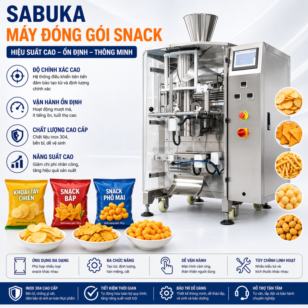 Máy đóng gói snack SBK-SVP-2000 hỗ trợ đa dạng loại màng đóng gói như PP, PE, PVC, PS, mang đến sự linh hoạt tối đa cho các doanh nghiệp