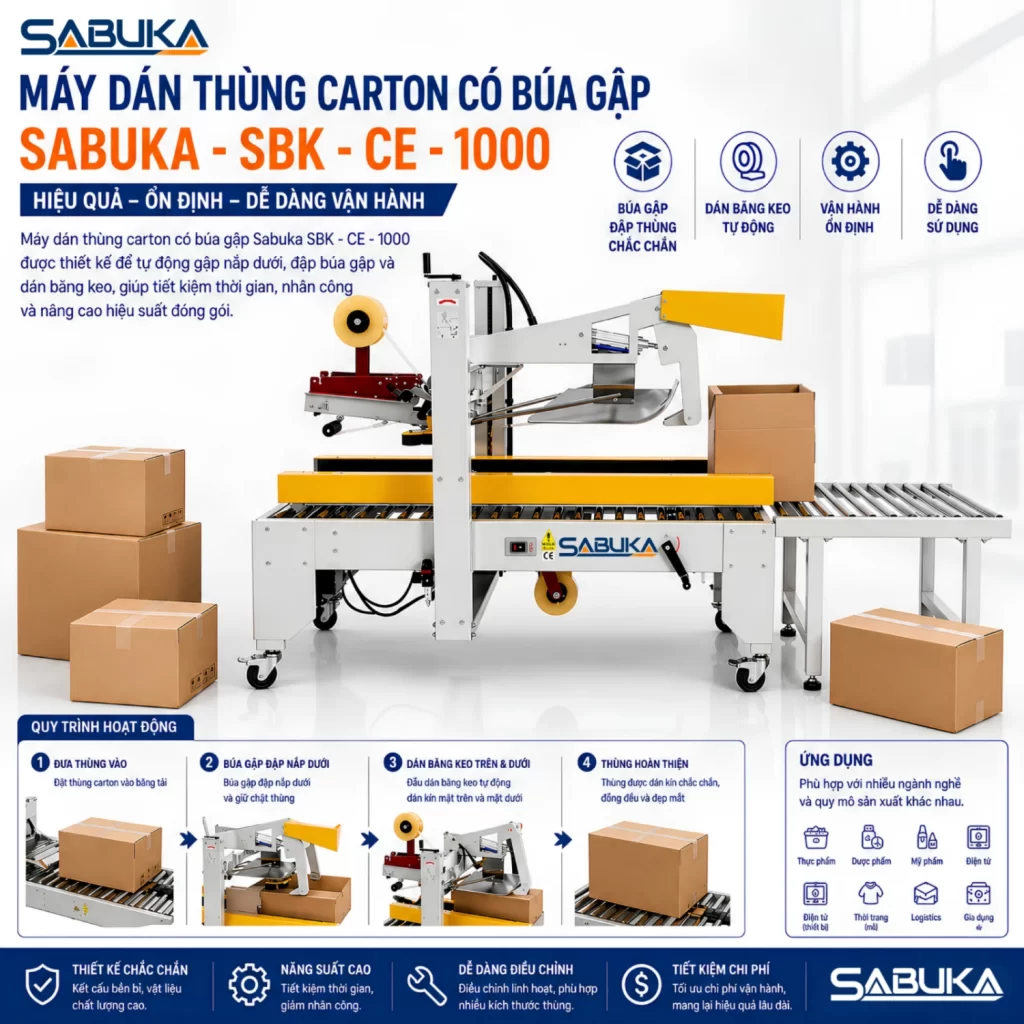 Máy dán thùng carton bán tự động có búa chính hãng HCM