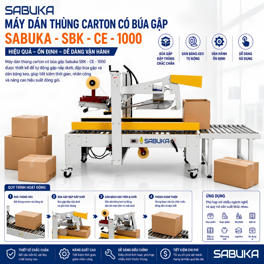 Máy dán thùng carton bán tự động có búa chính hãng HCM
