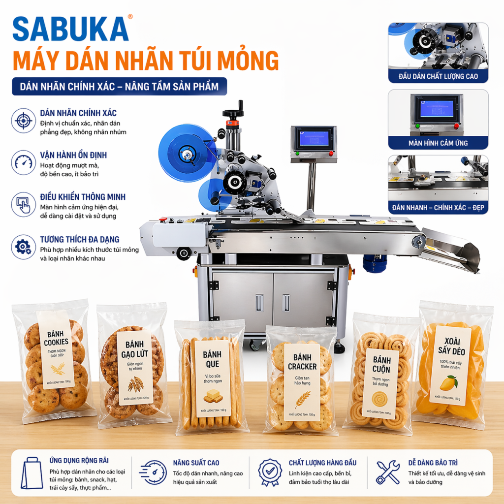 Máy dán nhãn với thiết kế hiện đại dễ thao tác phù hợp cho nhiều loại túi khác nhau như Túi nhựa mỏng, túi film, túi kraft,...