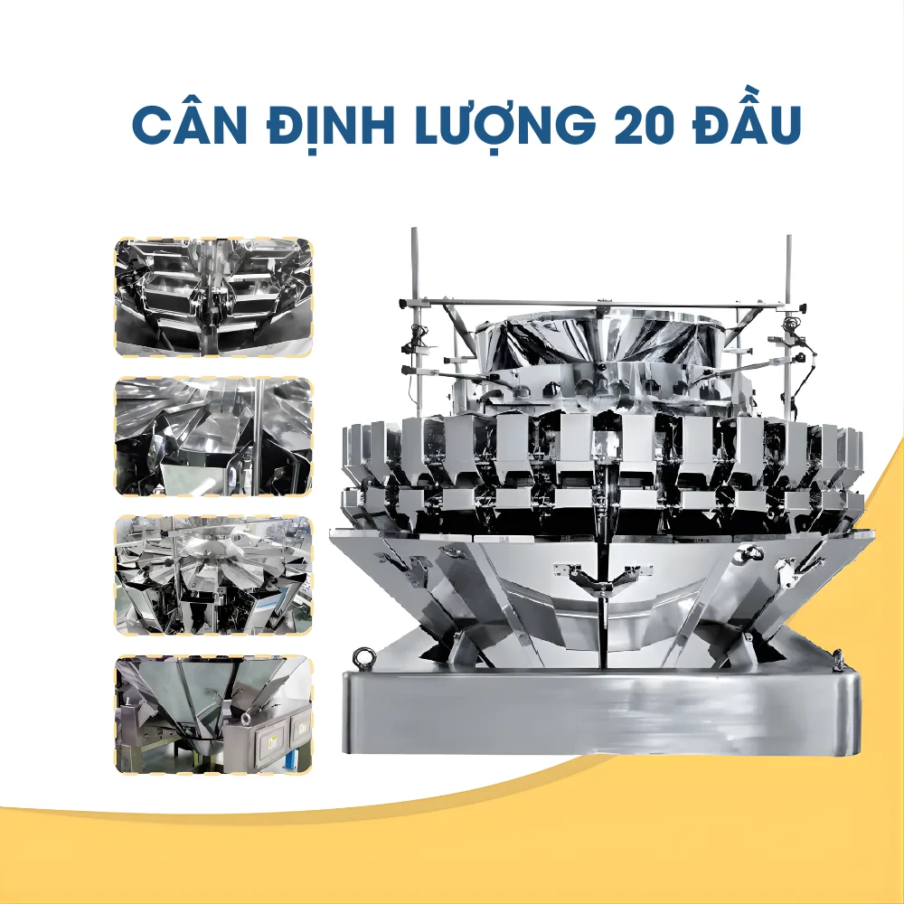 Cân định lượng 20 đầu phù hợp cho nhiều ngành thực phẩm đóng gói như bánh kẹo, hạt, cá viên,...