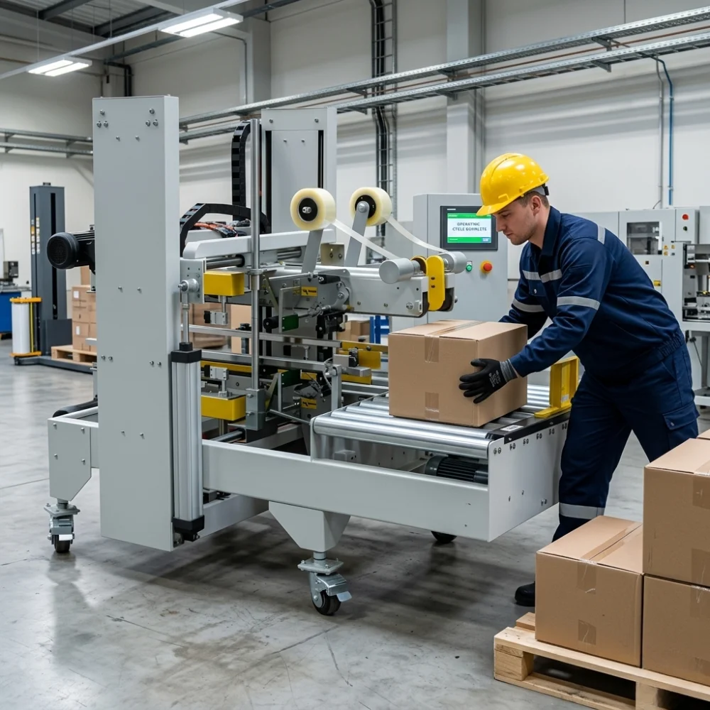 Máy dán thùng 4 góc tự động SBK-CCS-3000 thay thế hoàn toàn công đoạn dán thủ công, giúp tăng năng suất lên tới 30% và giảm từ 2–3 nhân công cho mỗi dây chuyền