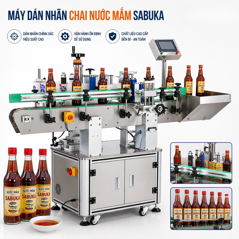 Máy dán nhãn chai nước mắm Sabuka tự động chính hãng HCM