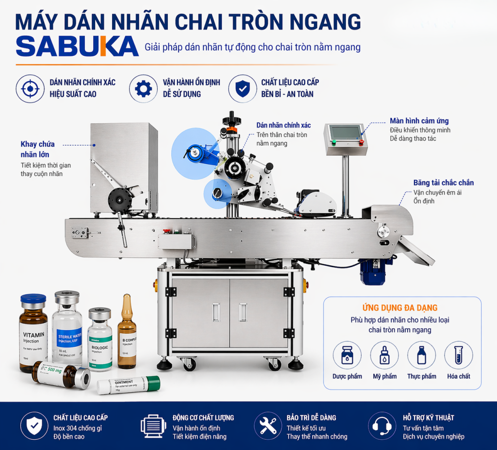 Máy dán nhãn chai tròn tự động này giúp duy trì sản lượng ổn định, đồng thời đảm bảo chất lượng nhãn mác đồng đều.