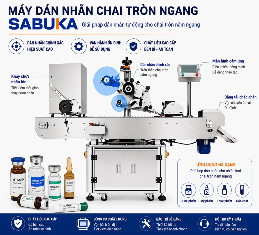 Máy dán nhãn chai tròn tự động này giúp duy trì sản lượng ổn định, đồng thời đảm bảo chất lượng nhãn mác đồng đều.