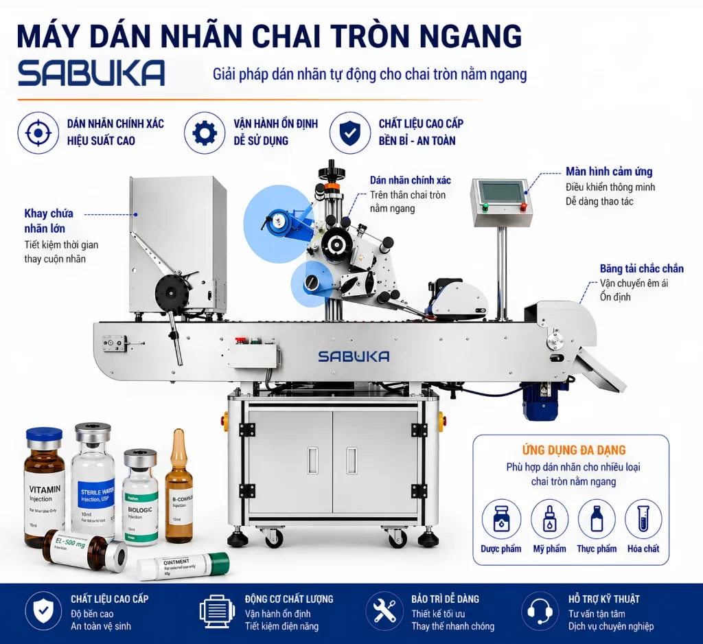 Máy dán nhãn chai tròn tự động này giúp duy trì sản lượng ổn định, đồng thời đảm bảo chất lượng nhãn mác đồng đều