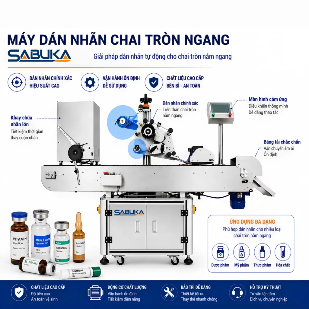 Máy dán nhãn chai tròn tự động này giúp duy trì sản lượng ổn định, đồng thời đảm bảo chất lượng nhãn mác đồng đều