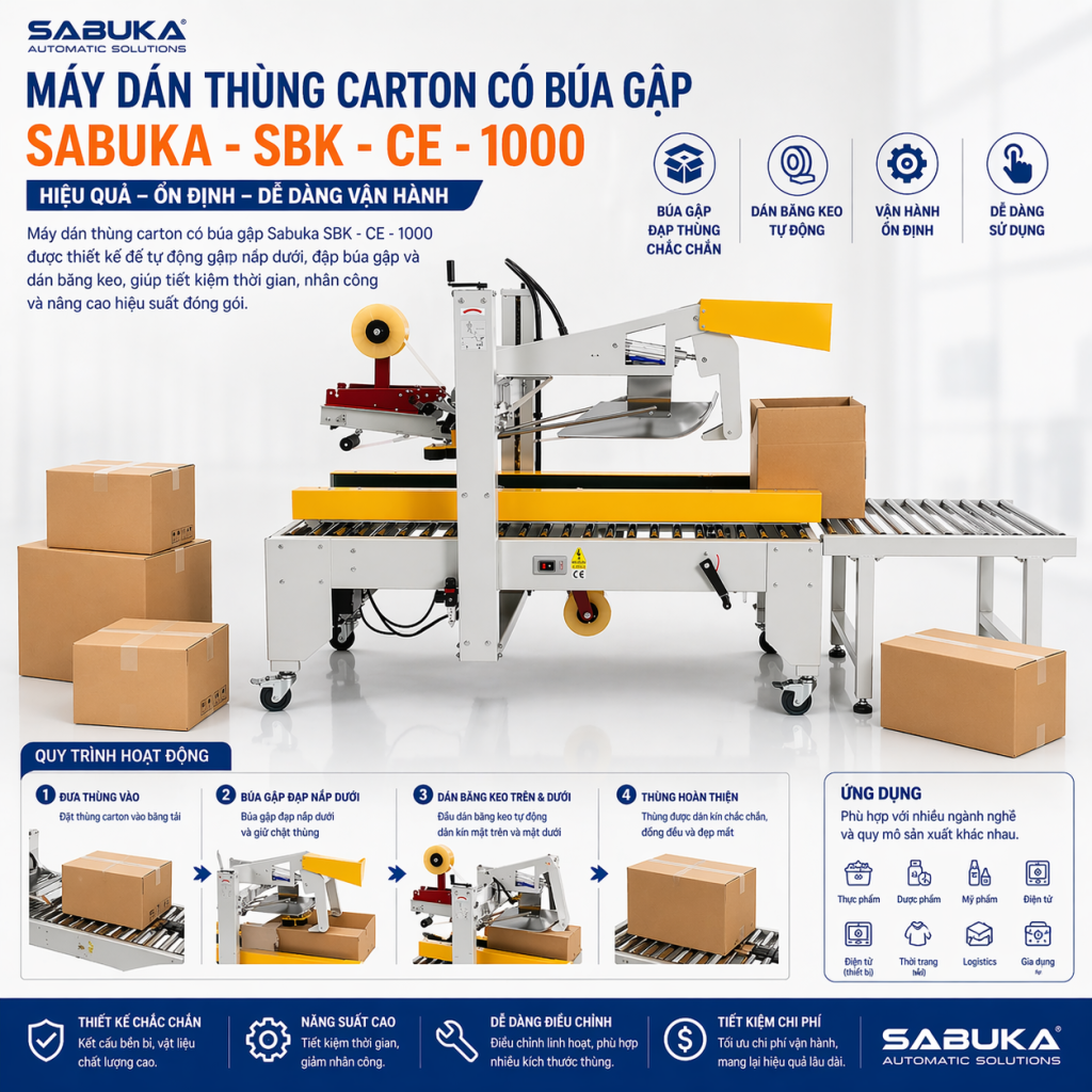 Máy dán thùng carton bán tự động có búa chính hãng HCM