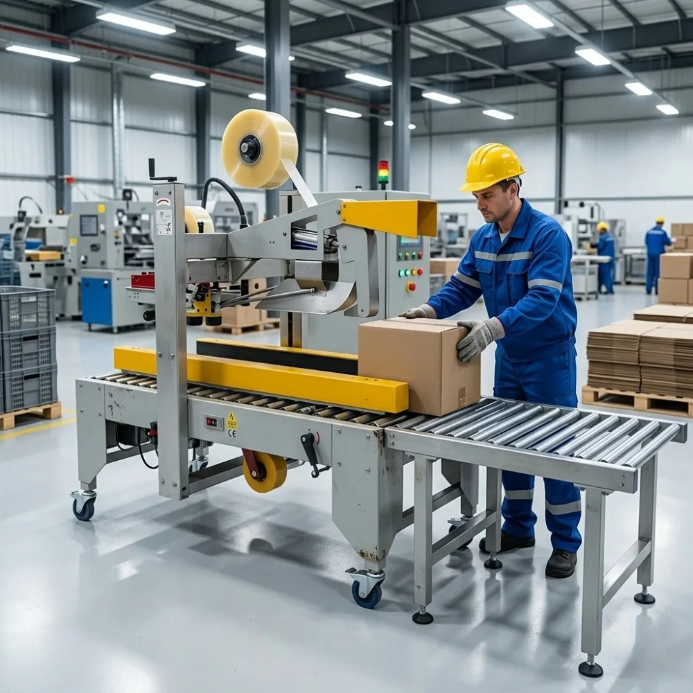 Máy dán thùng carton bán tự động gấp nắp và dán băng keo cả hai mặt trên và dưới,