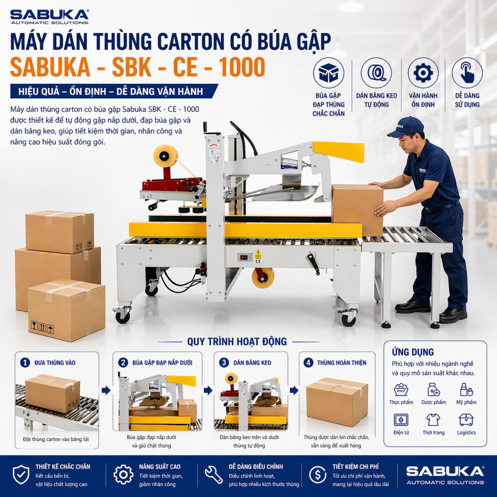 Máy dán thùng carton có búa gập tự động Sabuka chính hãng do CVM Group cung cấp