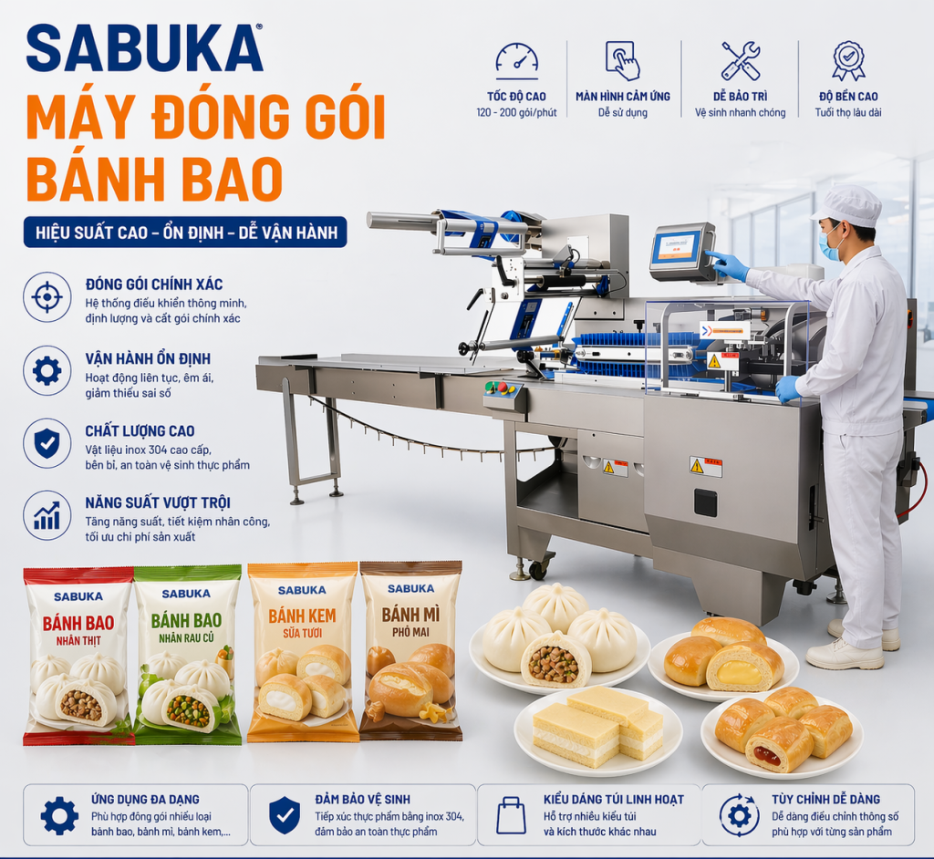 máy đóng gói bánh bao giúp giảm hẳn lỗi sai do con người, tiết kiệm bao bì, tối ưu nhân sự