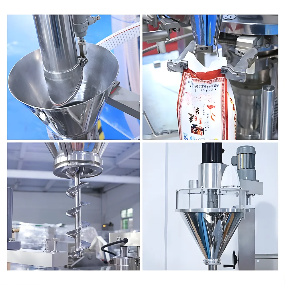 Nguyên liệu dạng bột được đưa vào phễu chứa nguyên liệu của máy.