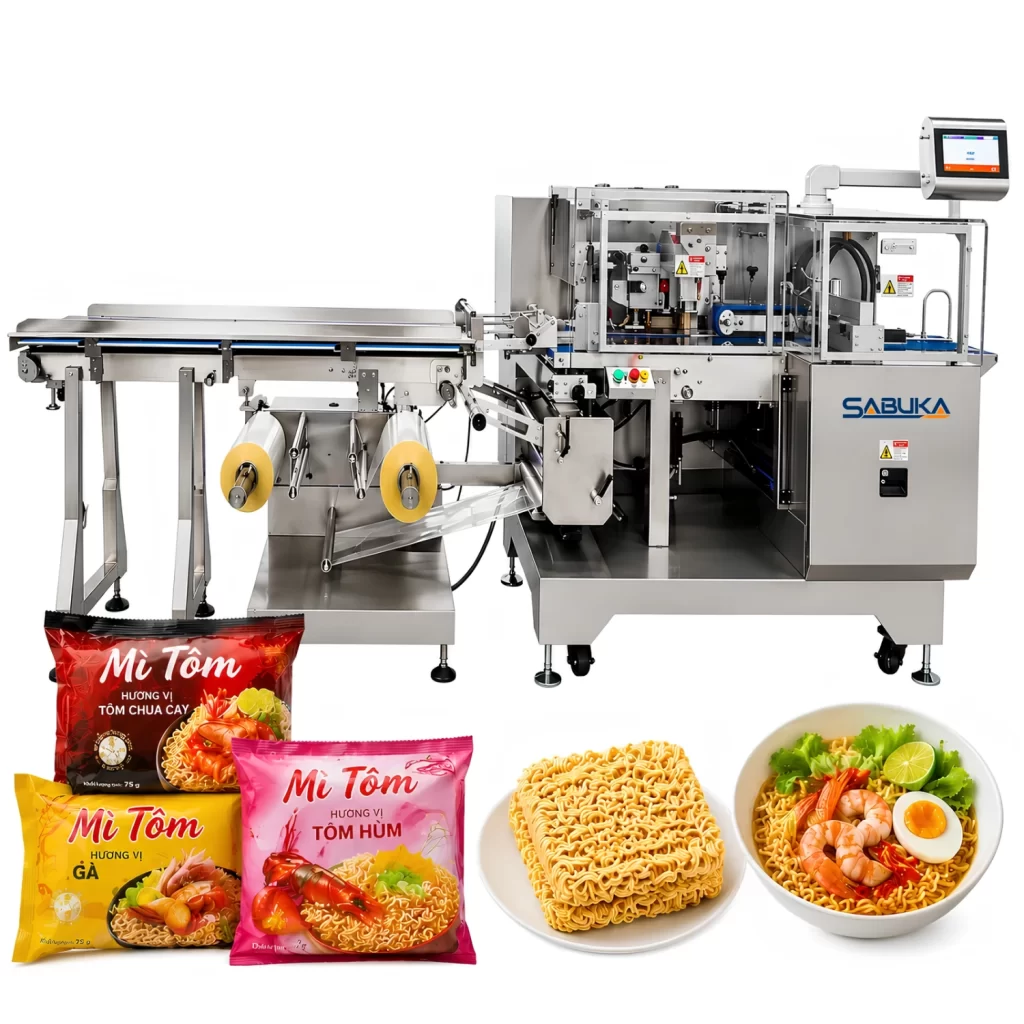 Máy đóng gói mì tôm được thiết kế khép kín, giảm tiếp xúc trực tiếp với thực phẩm, đáp ứng tiêu chuẩn an toàn thực phẩm