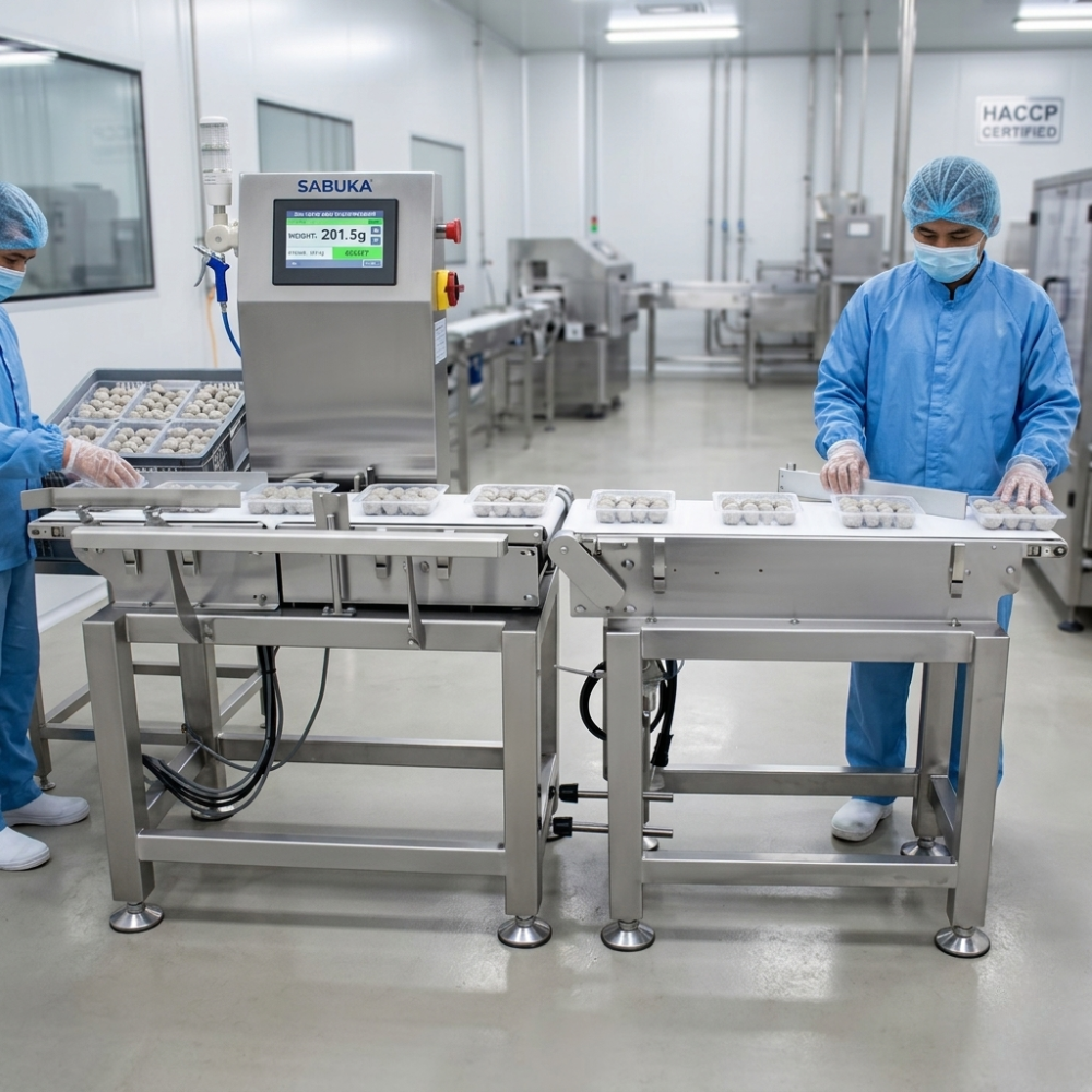 Cân kiểm tra trọng lượng cá viên SBK - FBCW - 2000 được thiết kế để hoạt động liên tục trong môi trường sản xuất khắc nghiệt như ẩm, lạnh hoặc đông lạnh