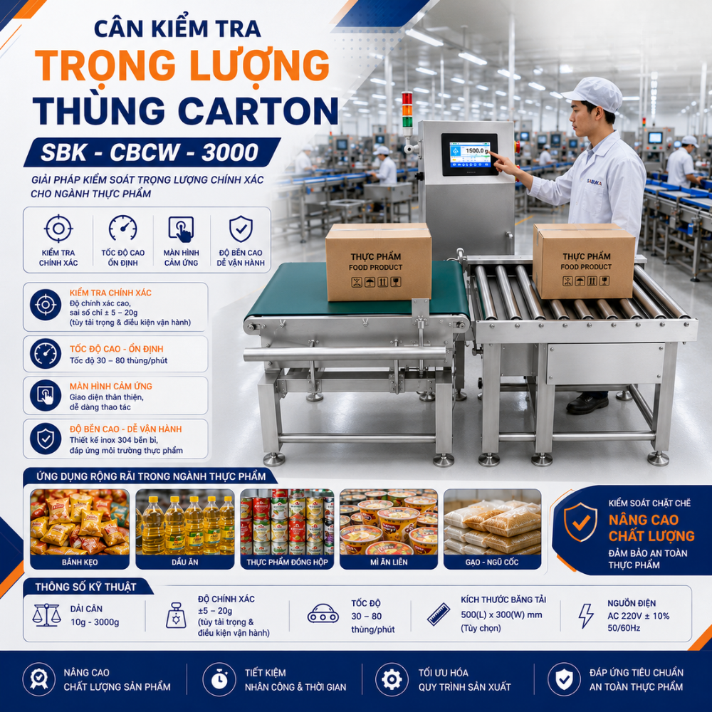 Cân kiểm tra xác nhận trọng lượng từng thùng carton trong dây chuyền chiết rót tự động