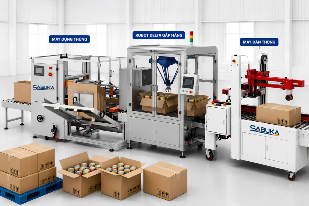 Case packer tự động đạt chuẩn chính xác tối ưu dây chuyền sản xuất hiện đại