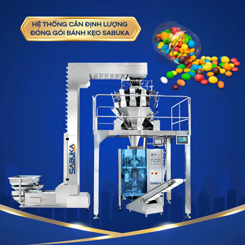 Hệ thống tích hợp giữa cân định lượng và máy đóng gói cân định lượng tự động, cho phép thực hiện liên tục