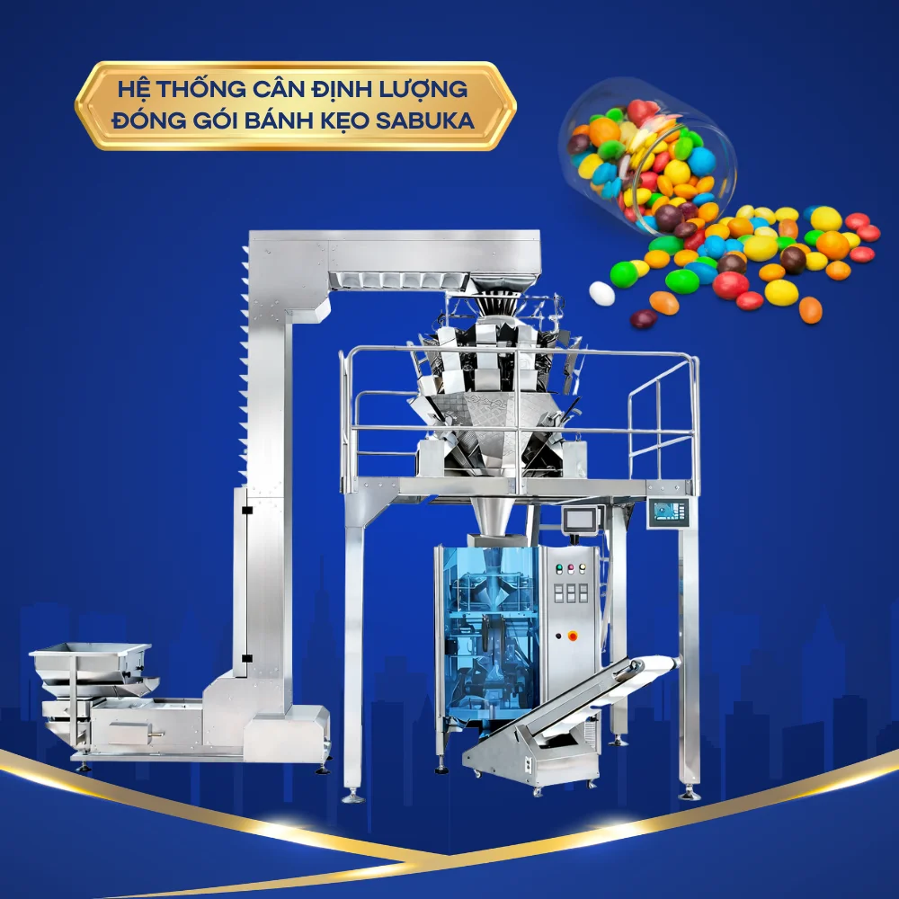 Hệ thống tích hợp giữa cân định lượng và máy đóng gói cân định lượng tự động, cho phép thực hiện liên tục