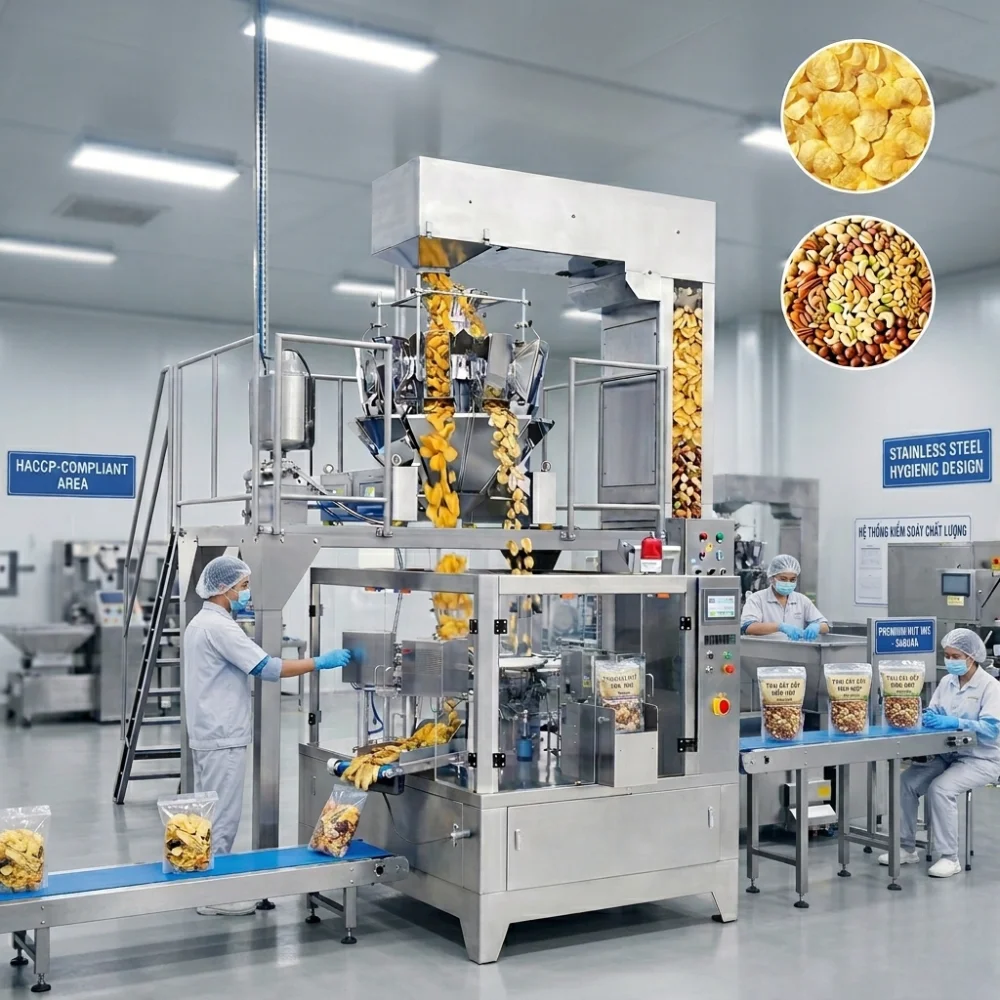 Hệ thống cân định lượng đóng gói trái cây sấy