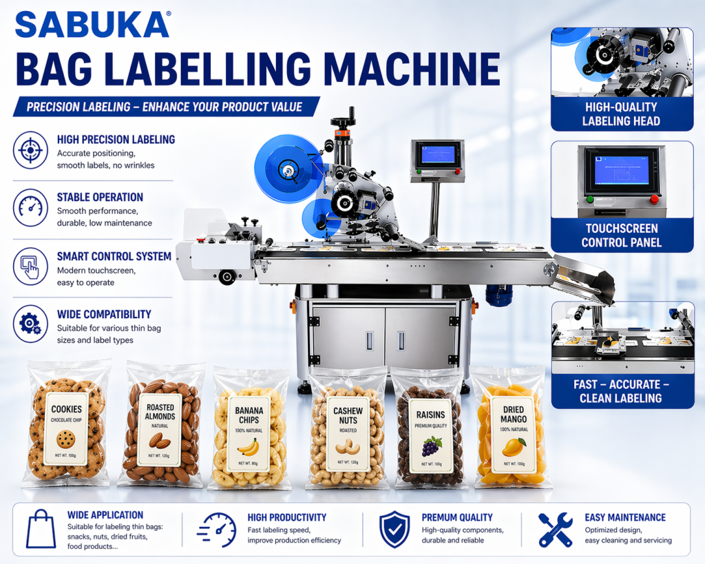 The labelling machine features a modern, user-friendly design and is suitable for various types of bags such as thin plastic pouches, film bags, kraft bags, and more.