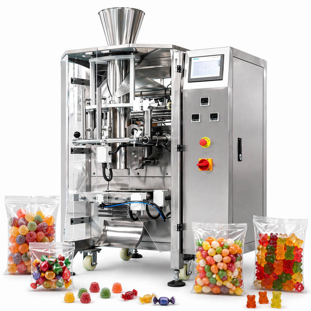 The candy packaging machine supports common film materials on the market, including: PP, PE, PVC, and PS.