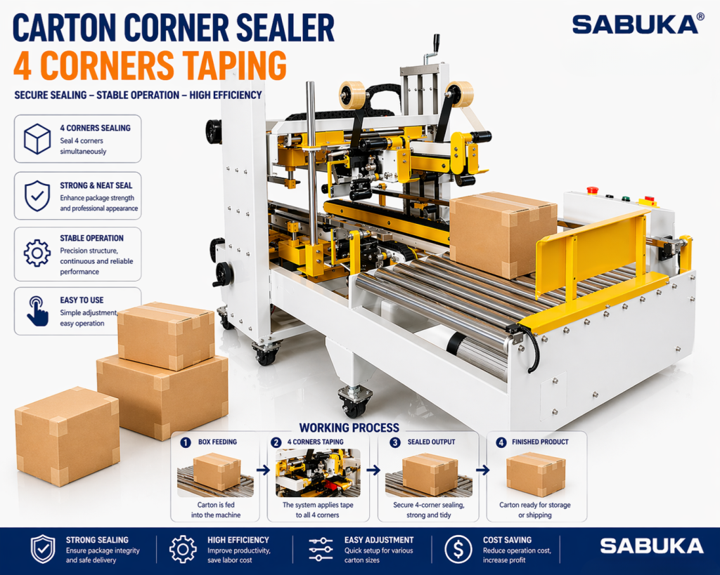 The Sabuka automatic 4-corner carton sealing machine helps increase productivity and reduce labor costs for each production line.