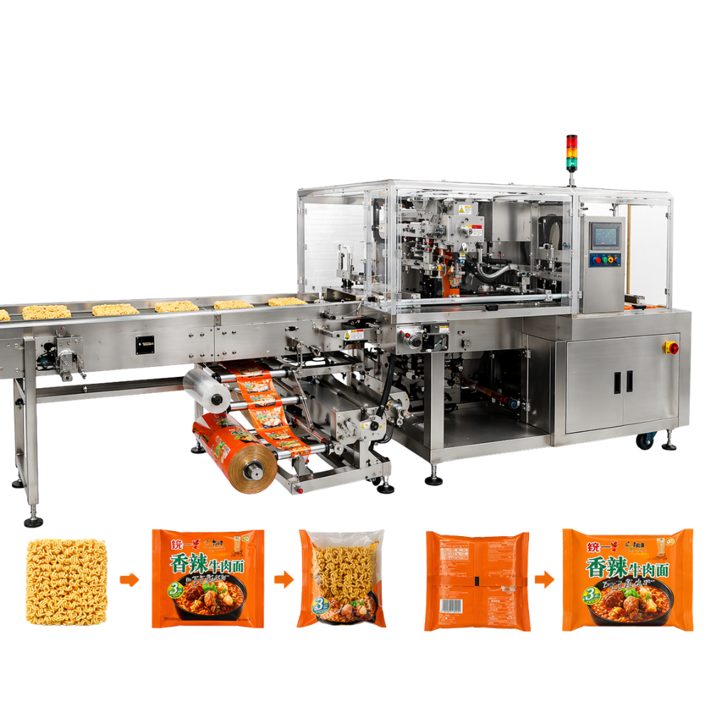 The instant noodle packaging machine is designed as a closed system, reducing direct contact with food and meeting food safety standards.