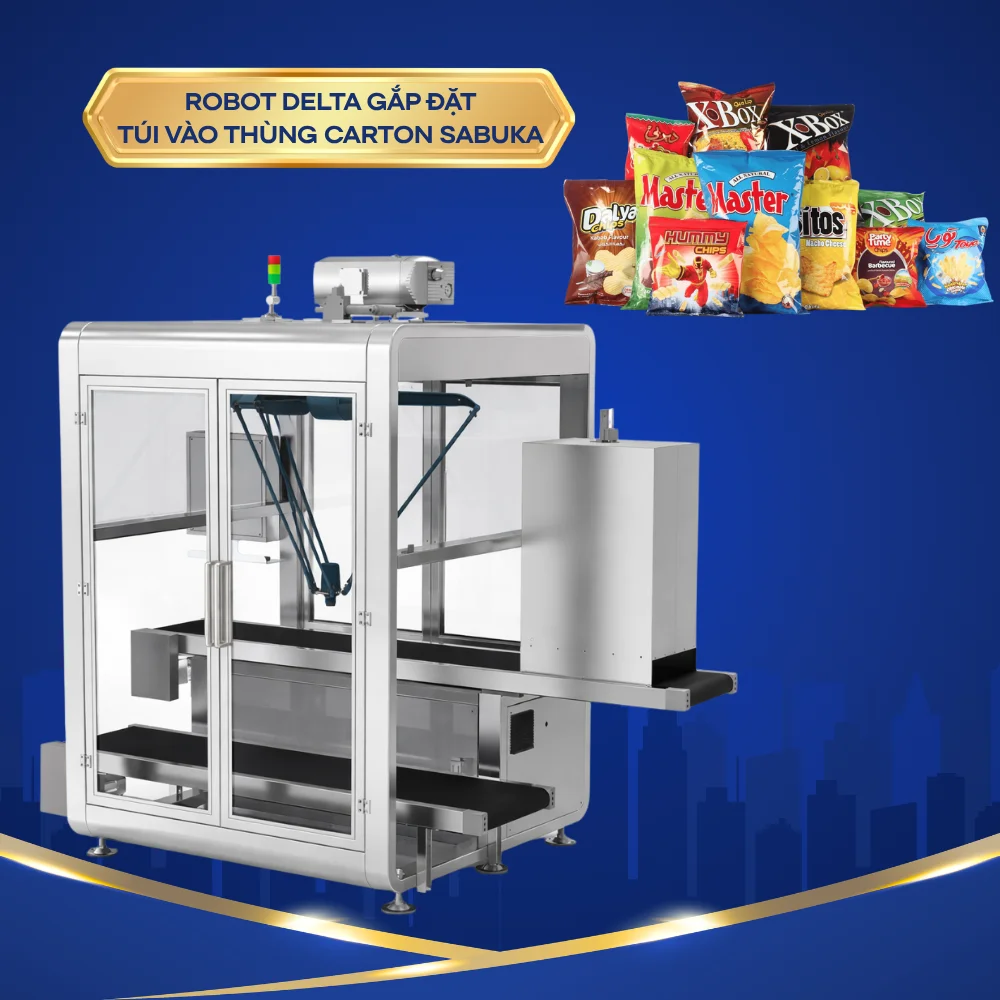 Robot delta gắp đặt túi vào thùng carton tự động chính xác