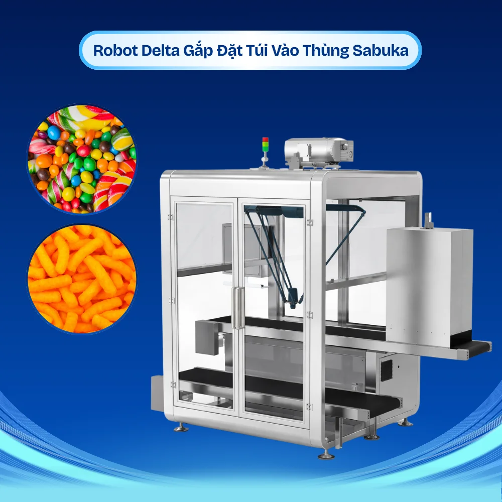 Robot delta gắp đặt túi vào thùng carton tự động chính xác