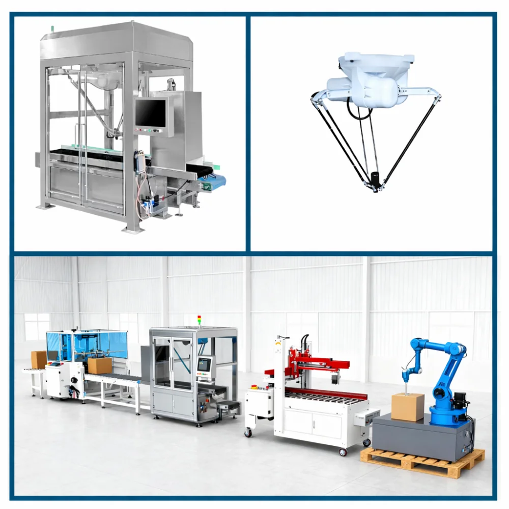 Robot delta gắp đặt túi vào thùng carton tự động chính xác