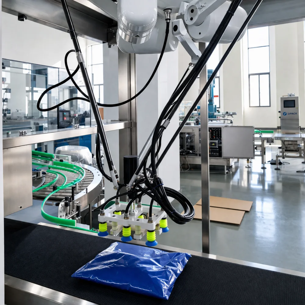 Robot delta gắp đặt túi vào thùng carton tự động chính xác