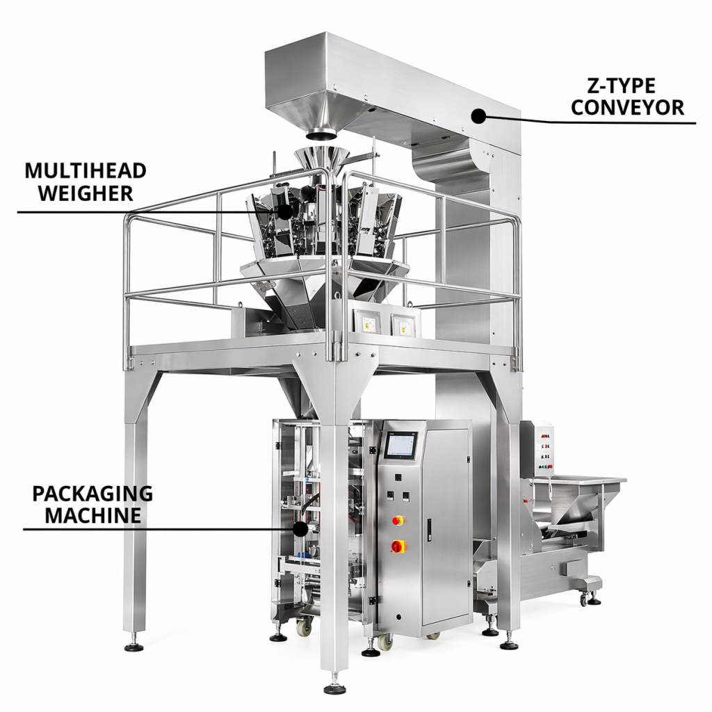 Structure of the snack packaging machine with an intelligent operating system for easy operation.