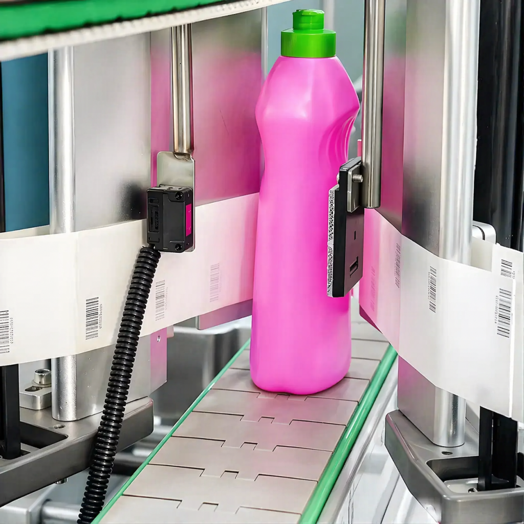 The double-side labeling machine is an automatic labelling machine used to simultaneously apply labels on both the front and back sides.