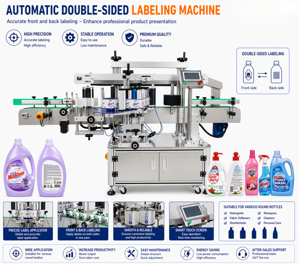 The double-side labelling machine optimizes the packaging process and reduces labor costs.
