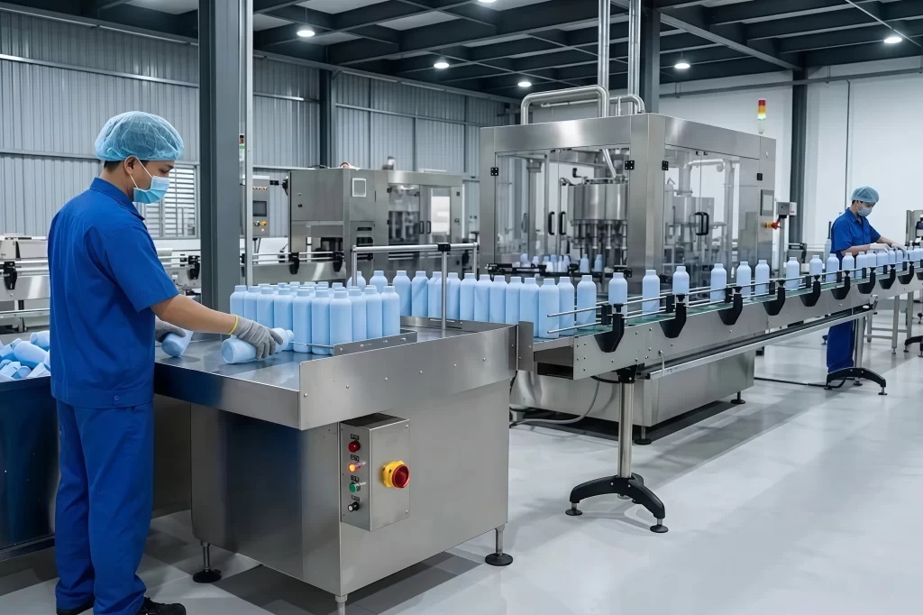 Sử dụng máy cấp chai bán tự động trong dây chuyền sản xuất