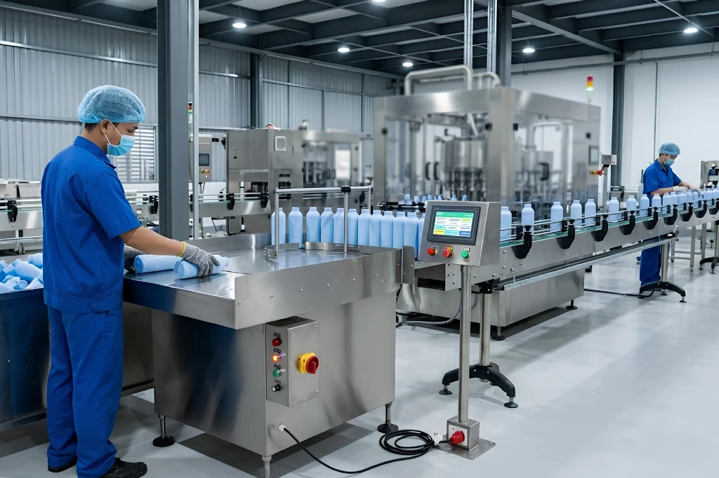Sử dụng máy cấp chai bán tự động trong dây chuyền sản xuất