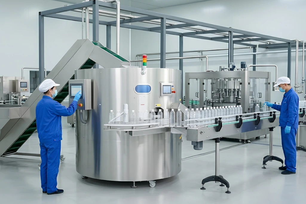 Sử dụng máy cấp chai tự động trong dây chuyền chiết rót