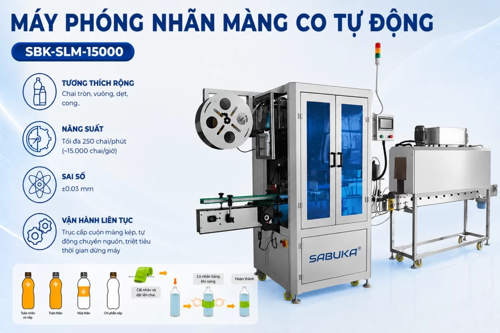 Máy phóng nhãn màng co trong dây chuyền sản xuất