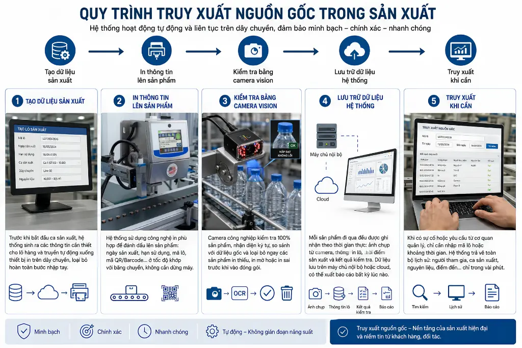 Hệ thống in date và truy xuất nguồn gốc trong dây chuyền chiết rót tự động