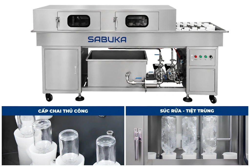 Máy súc rửa chai bán tự động trong dây chuyền sản xuất