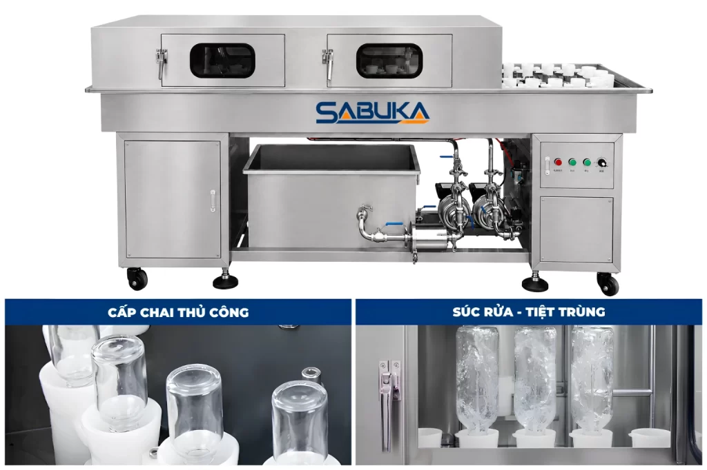 Máy súc rửa chai bán tự động trong dây chuyền sản xuất