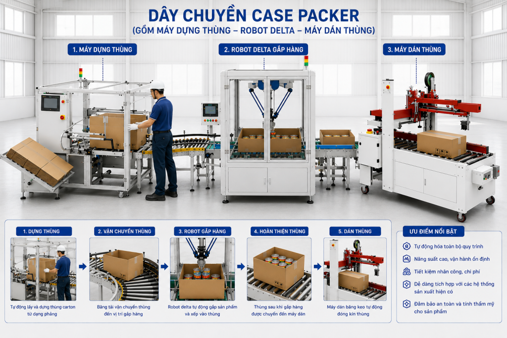 Case Packer là khả năng thay thế nhiều công đoạn thủ công như dựng thùng, gắp sản phẩm, xếp sản phẩm và dán thùng carton