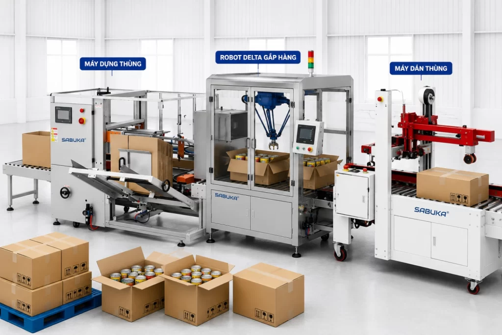 Case packer tự động đạt chuẩn chính xác tối ưu dây chuyền