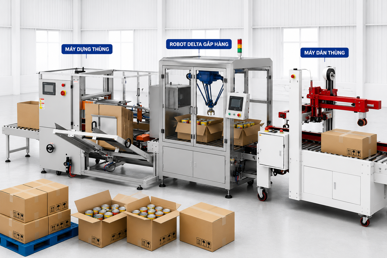 Case packer tự động đạt chuẩn chính xác tối ưu dây chuyền