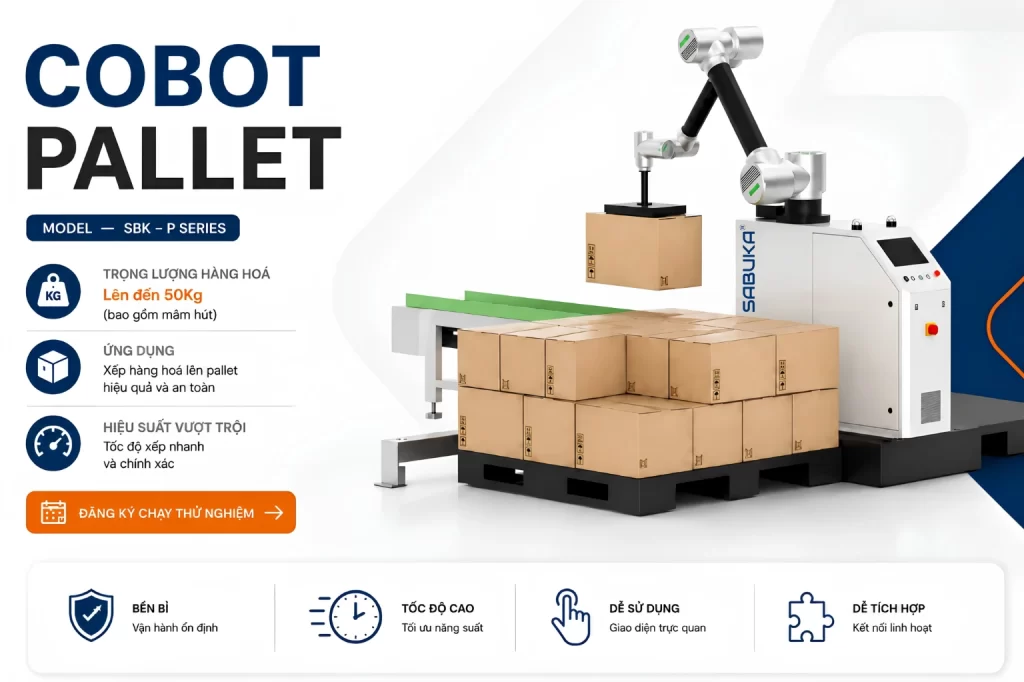 Cobot pallet trong dây chuyền đóng gói tự động
