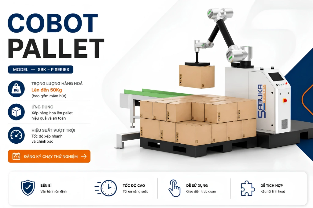 Cobot pallet trong dây chuyền đóng gói thực phẩm tự động